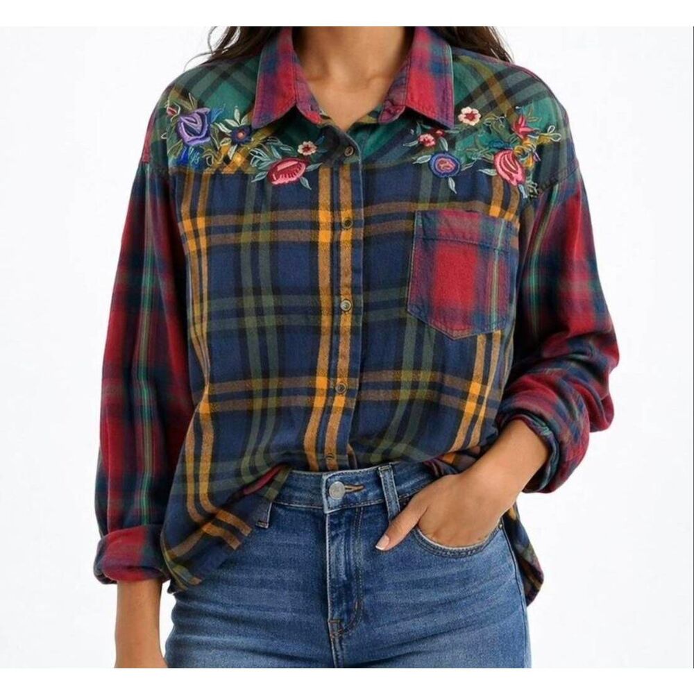 QPS Multicolor Floral Embroidered Button Up Shirt Large Boho Fall Comfy Colorful